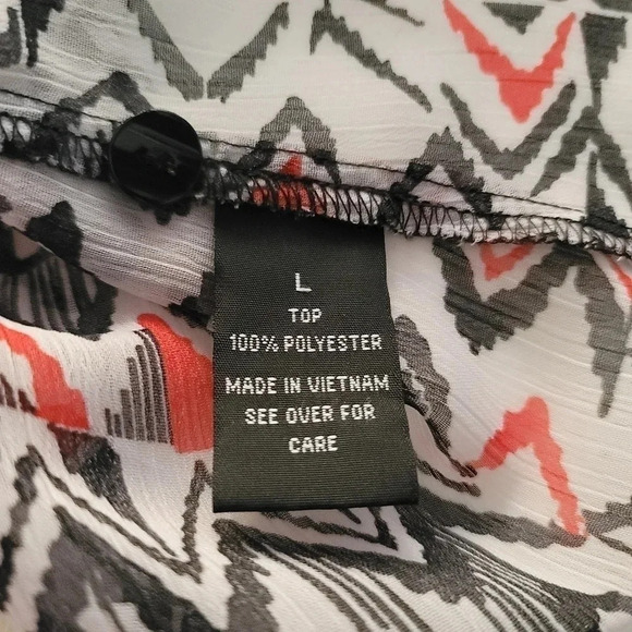 By By Top Aztec Print Sheer Button Front Tie Black White Red Cold Cut Sleeves L - Picture 8 of 12